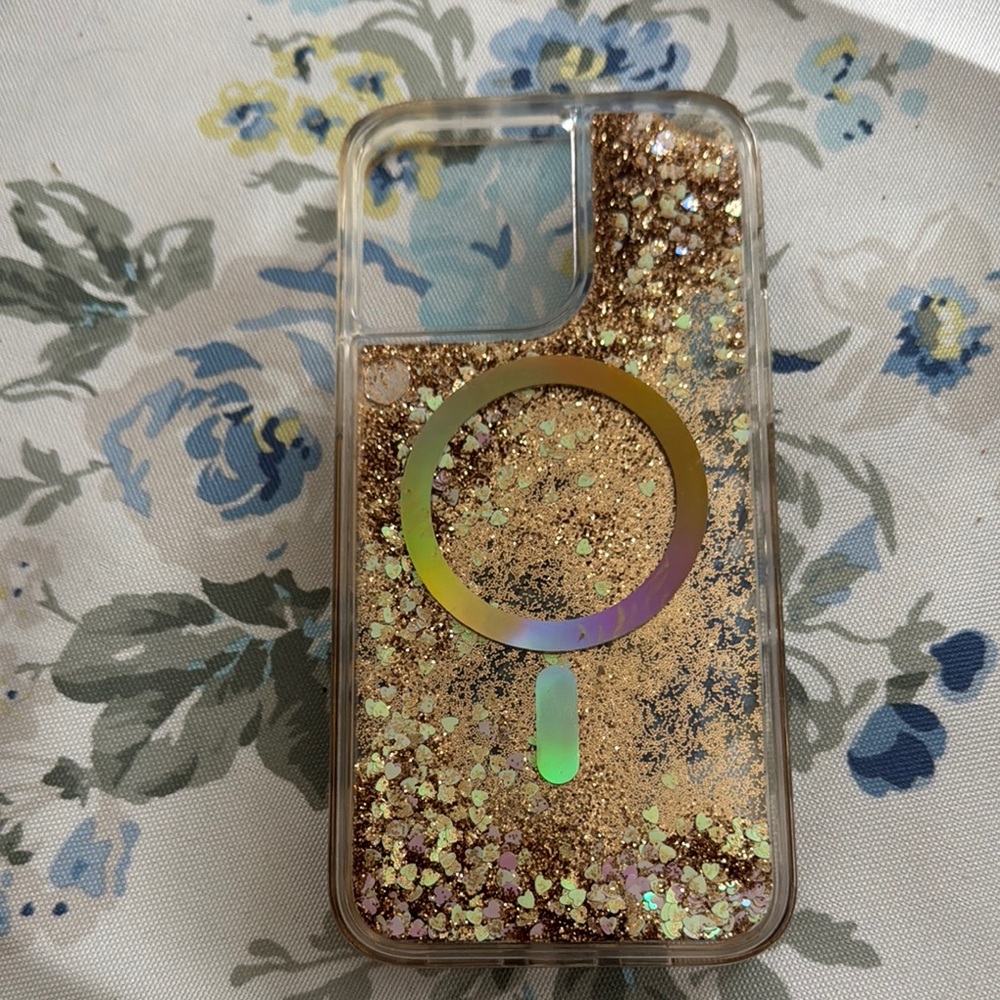 New quicksand hour glass shimmer Glitter Gold hearts iPhone 14 Pro Max phone cas